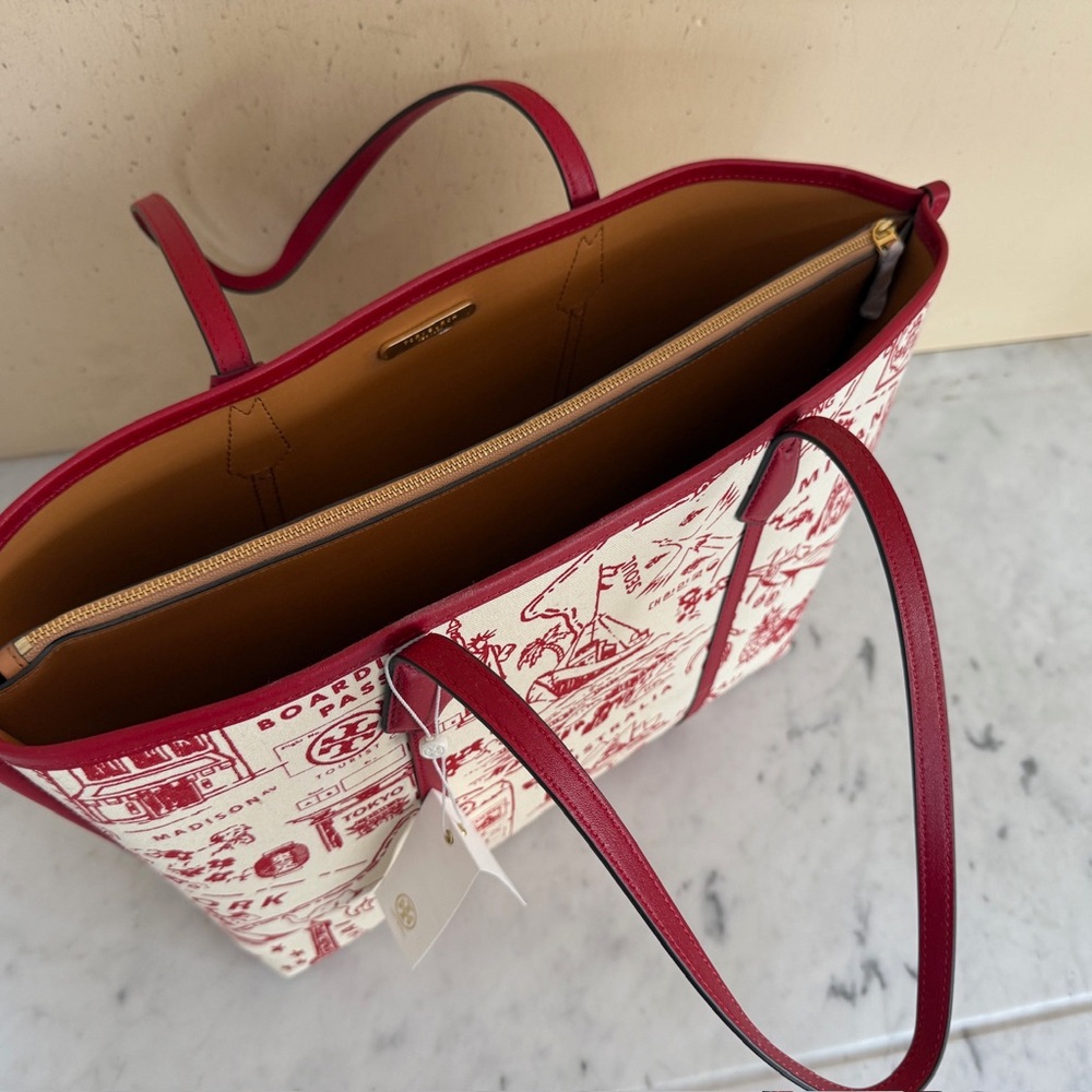 NWT Tory Burch Illustrated Tote in Red Cream highlighting international cities - Picture 7 of 13